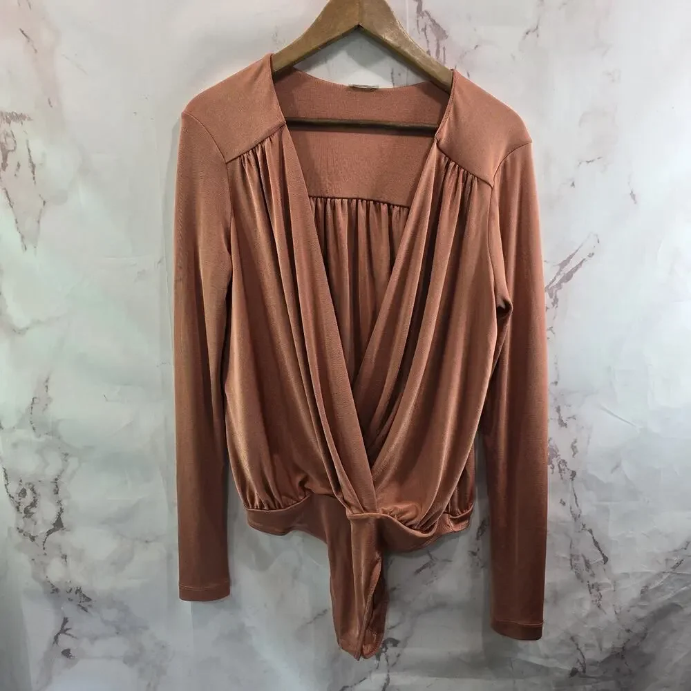 Free People Bodysuit Womens Large Peach Turnt Long Sleeve V Neck Thong Ginger